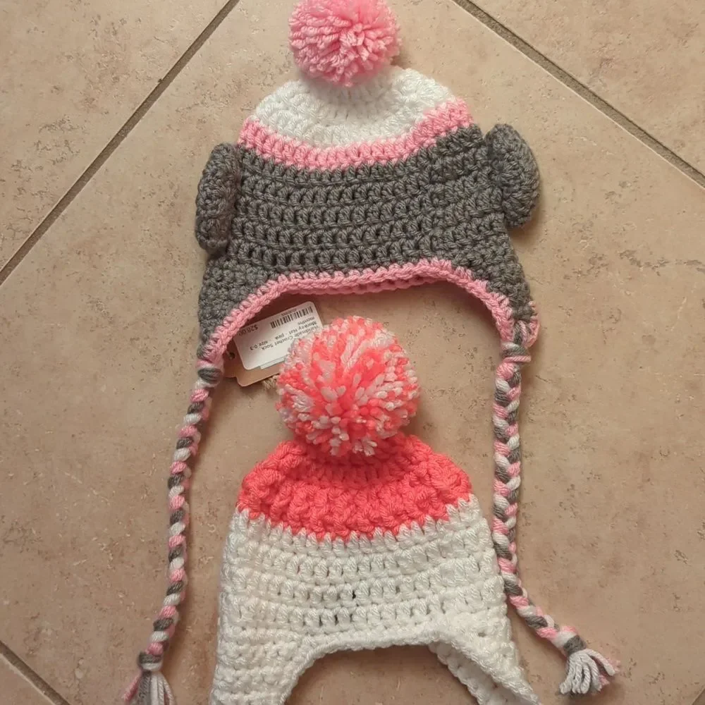 Handmade Crochet Animal and Snowman Hat Beanie Sock Monkey - Pink, Gray, White